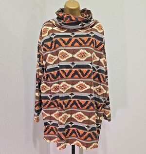 90's 100% Cotton Pullover Knit Tunic Size 24 TurtleNeck SouthWestern Aztec Print